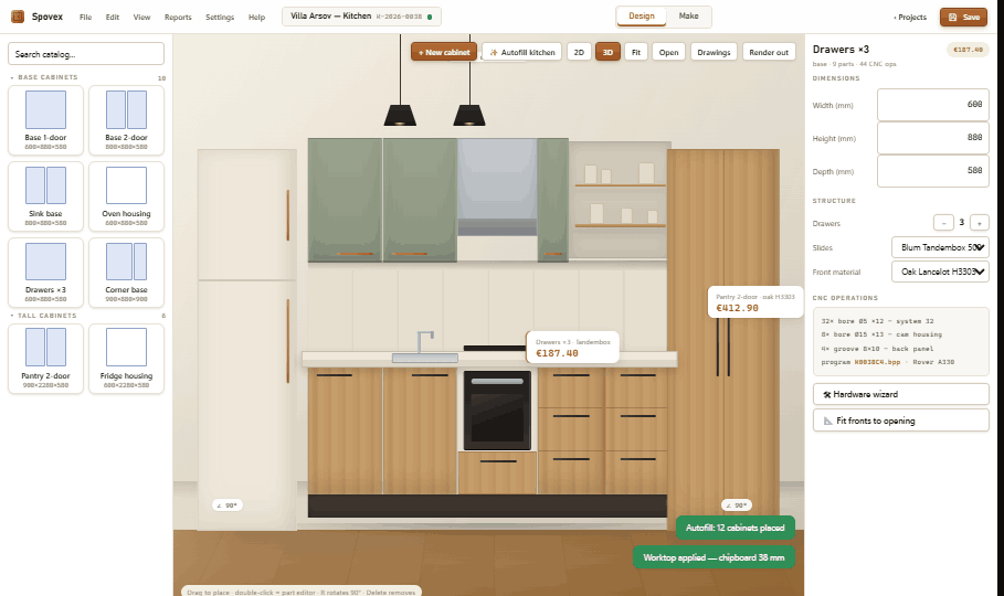 Spovex kitchen design screen with cabinet catalog, live price and production details