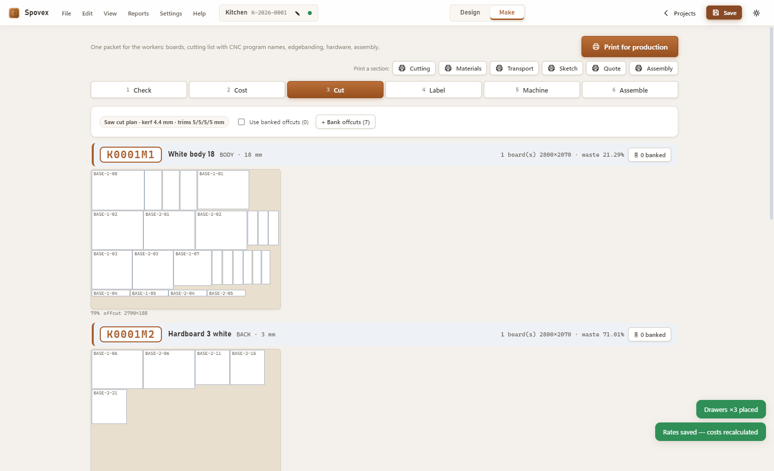 Spovex panel cutting plan showing parts nested on two boards