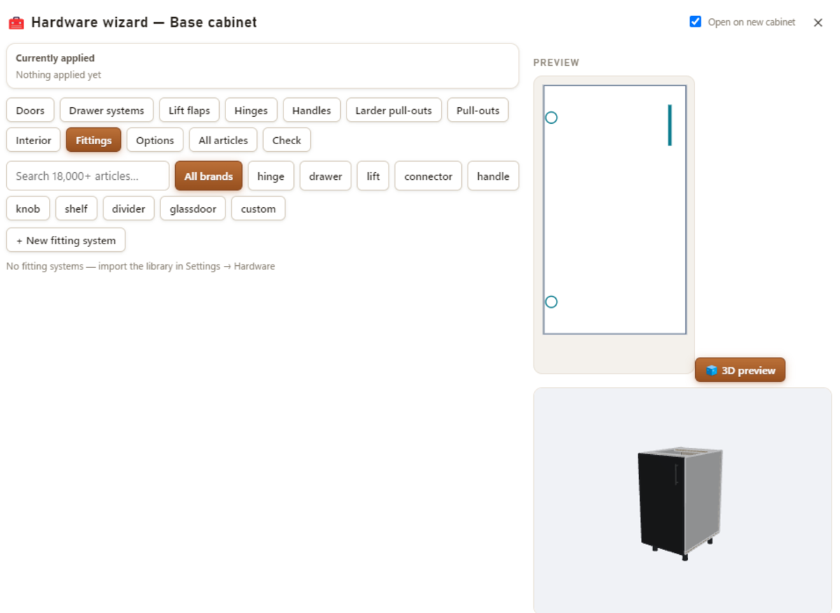 Spovex hardware wizard modal with task pages and a fitting preview