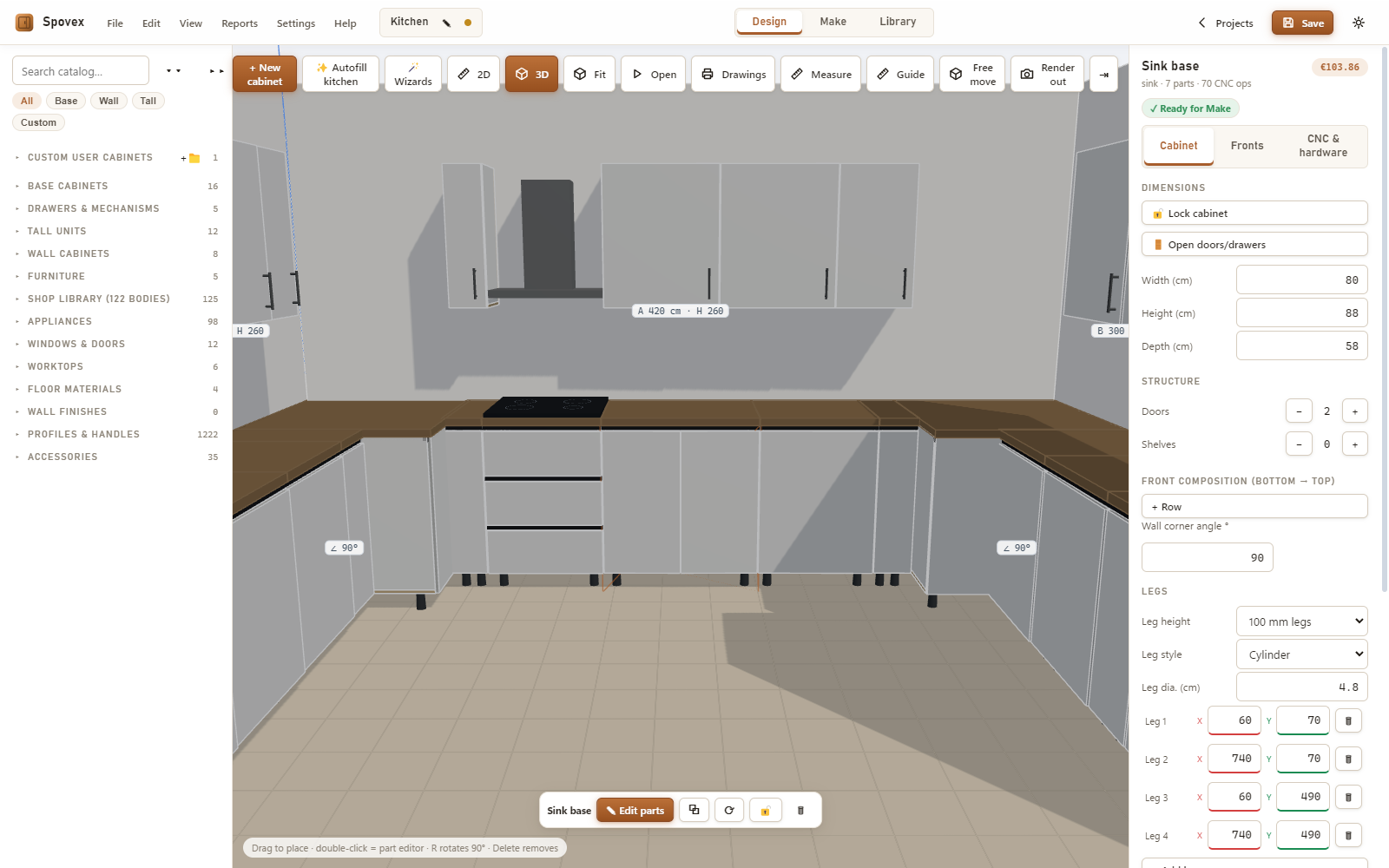 Spovex room and kitchen design workspace with cabinets arranged in a 3D room